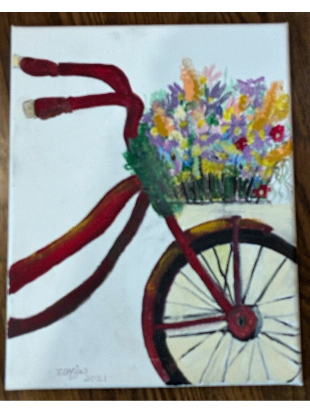 Vintage Bicycle with Flower Basket Original Canvas Painting 12”x10” unframed